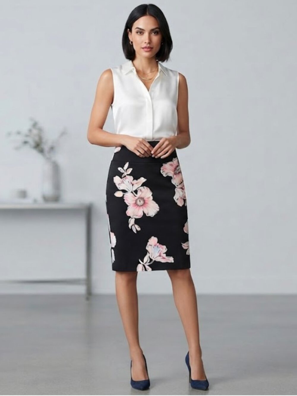 NWT Ann Taylor Petite Navy/Pink/Coral/White Floral Pencil Skirt 0P